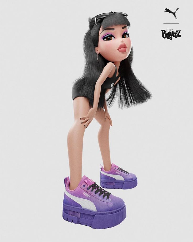 a cartoon girl with black hair and purple shoes