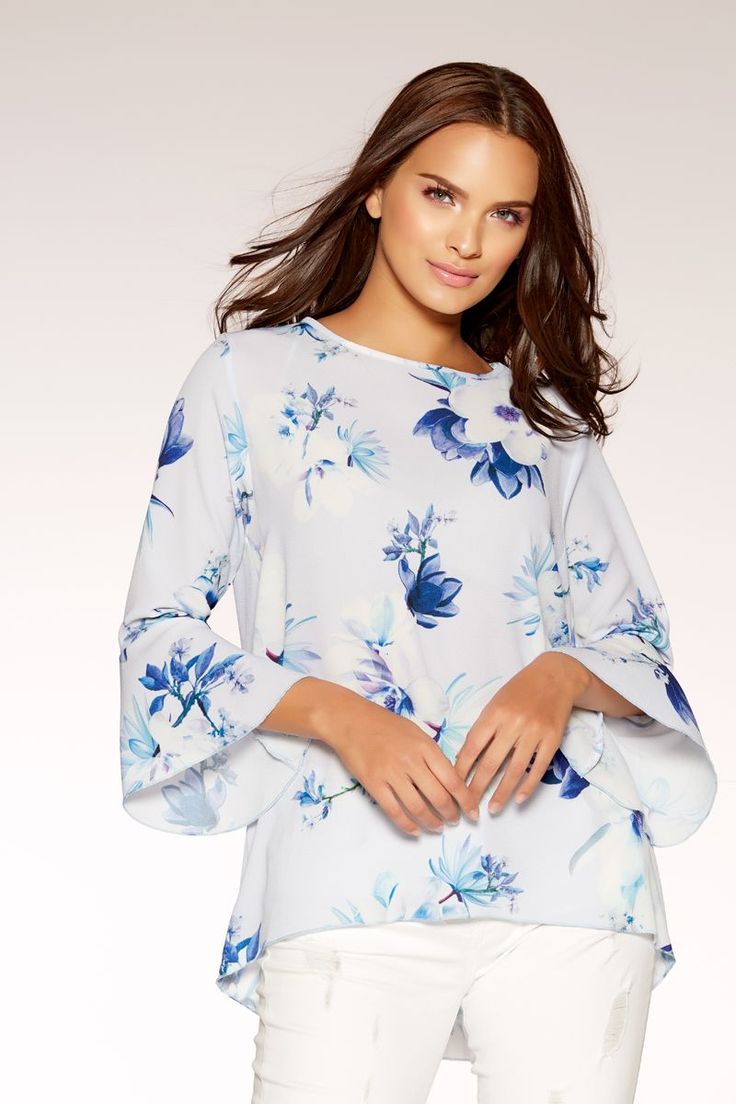 Pale Blue Floral Printed Top Floral Print Tops, Floral Printed, Pale Blue, Blue Floral, Bell Sleeve Top, Checks, Ruffle Blouse, Print Design, Floral Prints