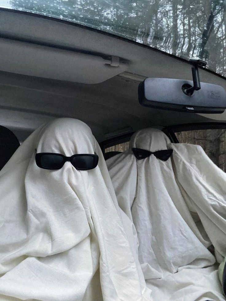 two white cloth covered cars with black sunglasses