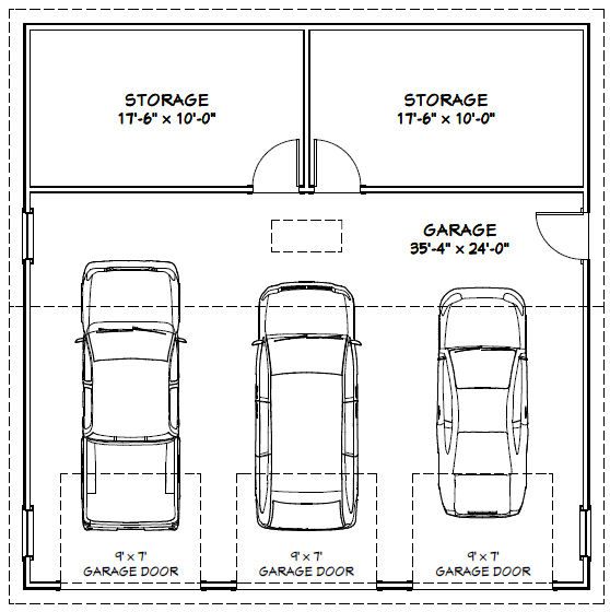 three car garage plans with the measurements for each floor and two cars parked in it