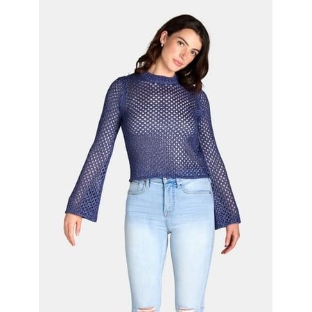 The layering possibilities are endless with Madden NYC's Open Stitch Metallic Sweater. Right on-trend, this sweater shimmers with metallic yarn accents and features a ready-to-layer open stitch design and cropped length. Slip it on over a cami with jeans for an incredible casual outfit or go for the wow and wear it over a bodycon dress. Either way you are sure to look spectacular. Size: M.  Color: Blue.  Gender: female.  Age Group: adult. Madden Nyc, Navy Outfit, Metallic Sweater, Crochet Tank Top, Metallic Yarn, Crochet Skirt, Knitted Pullover Sweaters, Blue Gender, Wow Products