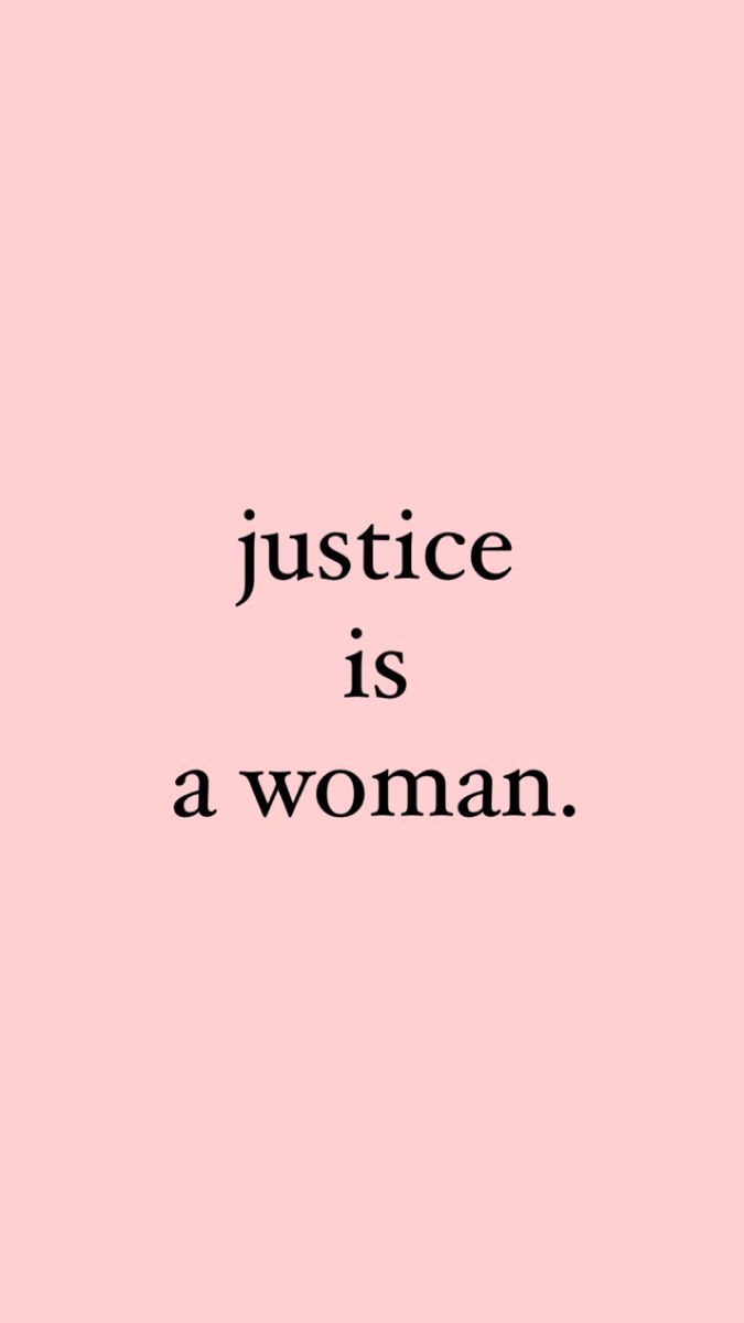 the words justice is a woman on a pink background