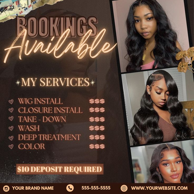 Custom Appointments Available Hair Flyers ️✨ Elevate your hair business with our stylish and fully customizable "Appointments Available" Hair Flyers, available on Etsy! These beautifully designed flyers are perfect for promoting your services, showcasing your work, and attracting new clients. Created with attention to detail, they ensure your brand stands out and draws in potential customers. 🎨 Highlights: - Easily customizable with your salon's details, colors, and style - Perfect for promotin Hairstylist Flyer Ideas, Hair Sales Flyer, Hair Braider Price List Template, Flyers For Hairstylist, Wig Sales Flyer Design, Hair Poster Design, Hair Salon Prices, Hair Model Needed Flyer, Wig Sale