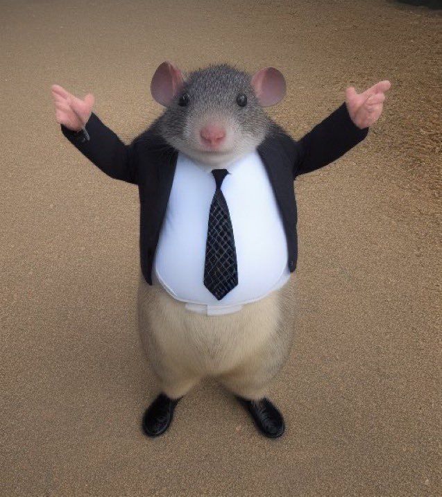 a rat in a suit and tie standing on its hind legs with his hands up