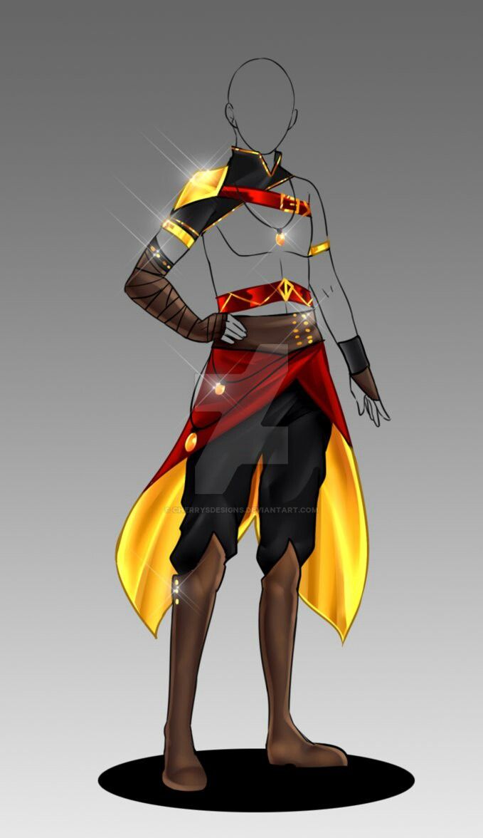 the character is dressed in an outfit with gold and red trimmings, standing on a