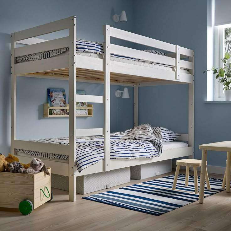 a bunk bed in a blue room with two children's chairs and a table