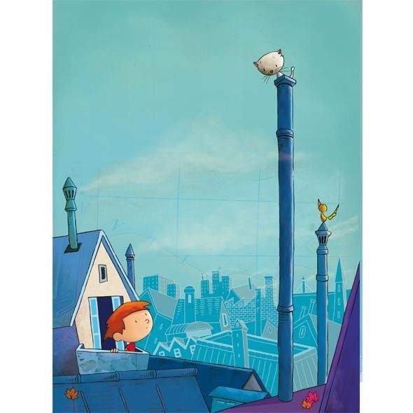 there is a boy that is looking at the bird on top of a pole in the sky