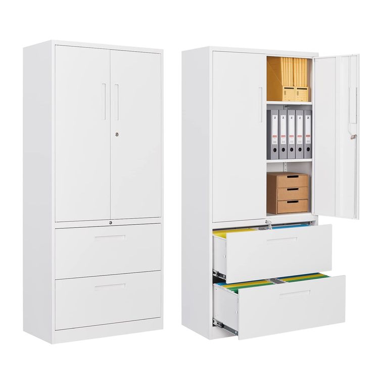 two white cabinets with drawers and files in them