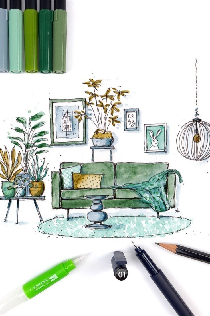 a drawing of a living room with couches and plants on the wall next to it