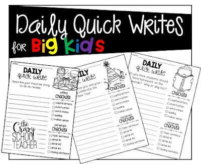 the daily quick writes for big kids is shown in black and white, with colorful writing on