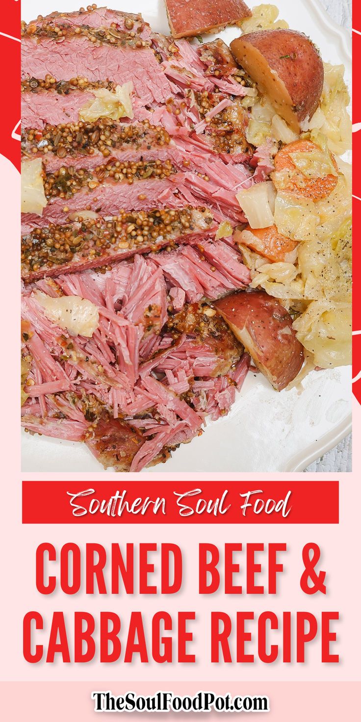 corned beef and cabbage recipe on a white plate with text overlay that reads southern style food