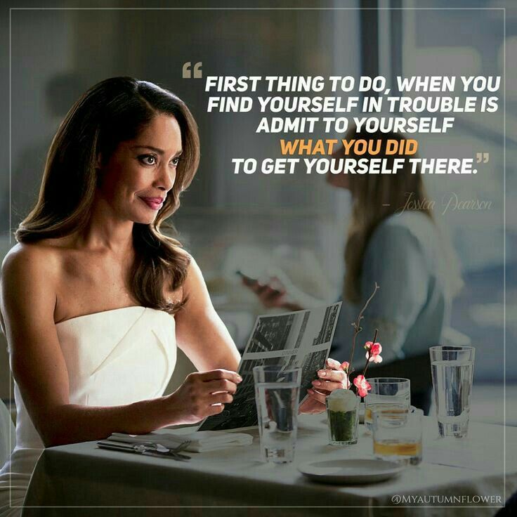 a woman sitting at a table in front of a laptop computer with the caption first thing to do when you find yourself in trouble is admit to yourself