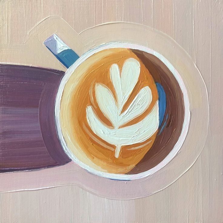 a painting of a cup of coffee with a leaf in it on a saucer