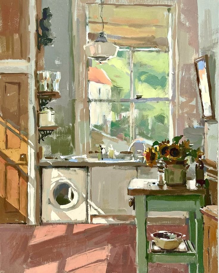 an oil painting of a kitchen with sink and stove