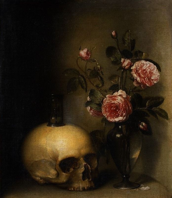 a painting of a vase with roses and a skull on a table next to it