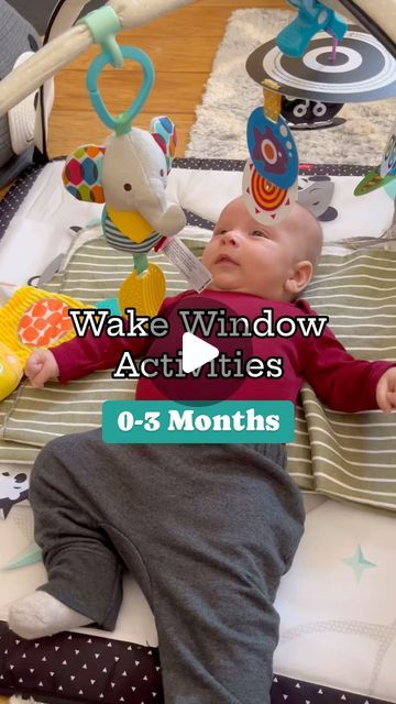 a baby laying on top of a bed with toys in the background and text that reads wake window activities 0 - 6 months