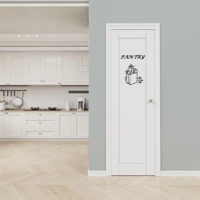 an open door leading to a kitchen with white cabinets and appliances on the wall, in front of a light wood floor