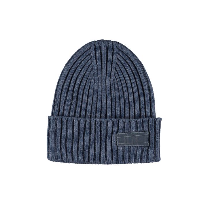 Denim blue cable knit hat in a wool blend with a roll up edge. It has Molo's logo on the front. Classic Blue Winter Hat, Casual Blue Ribbed Beanie, Blue Ribbed Winter Hat, Winter Blue Ribbed Hat, Casual Wool Beanie, Navy Wool Casual Hat, Casual Cable Knit Beanie For Outdoor, Casual Outdoor Cable Knit Beanie, Casual Navy Wool Hat