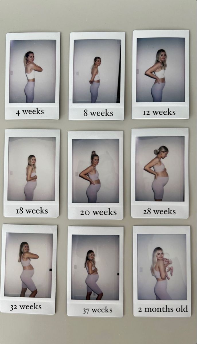 six pictures of pregnant women showing their waists and the number of weeks in each woman's body