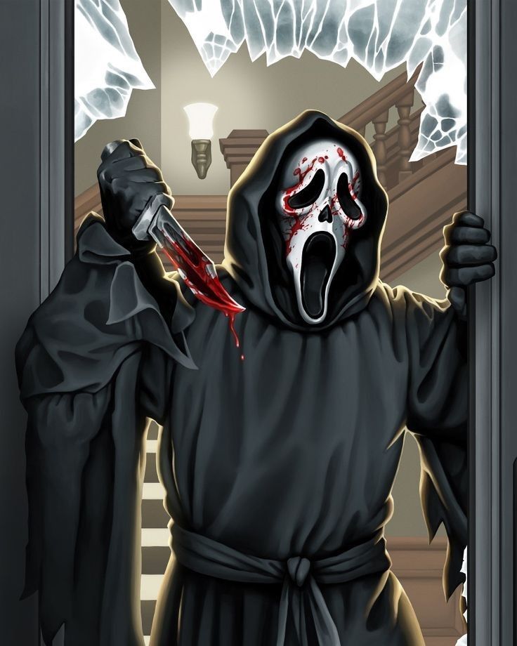 a person in a robe holding a knife and wearing a mask with blood on it