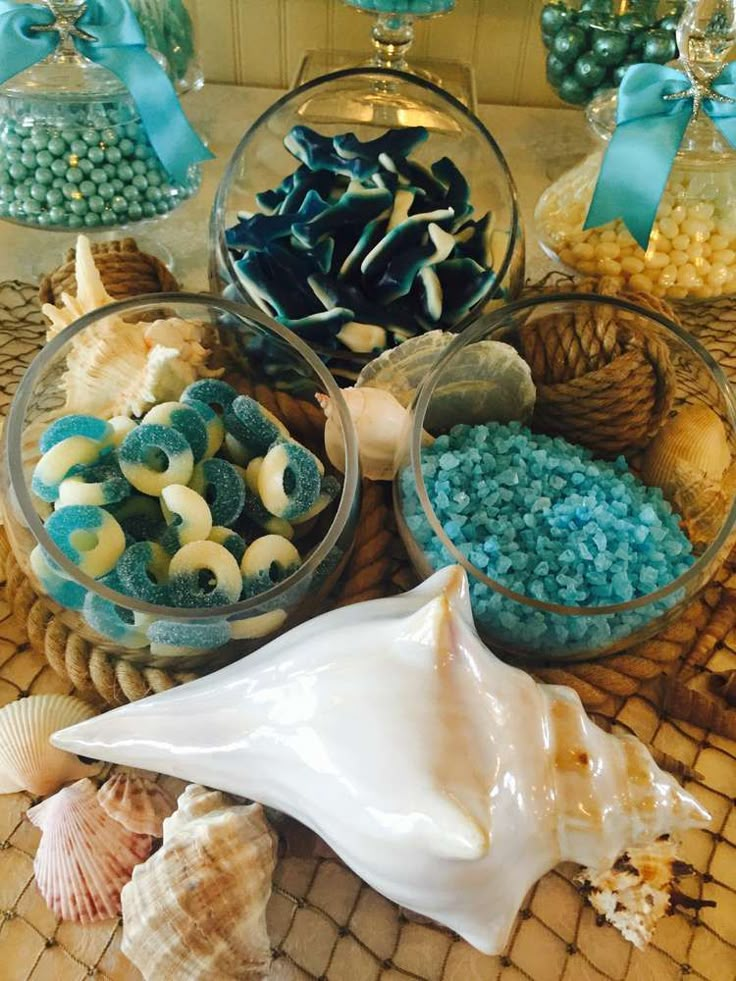 various sea shells and seashells in glass bowls on a table with blue ribbons