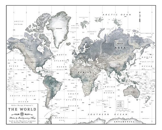 the world map is shown in black and white with watercolor paint on it's edges