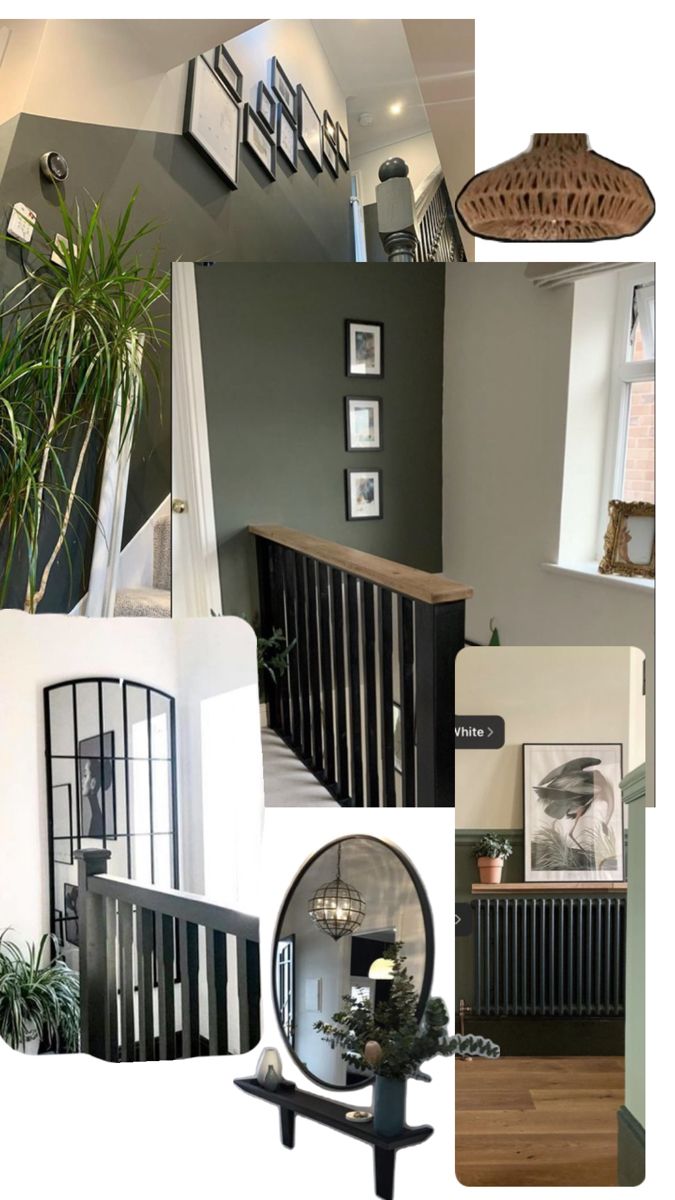 a collage of photos with pictures on the wall and below it is a staircase