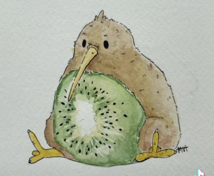 a drawing of a kiwi holding a piece of fruit