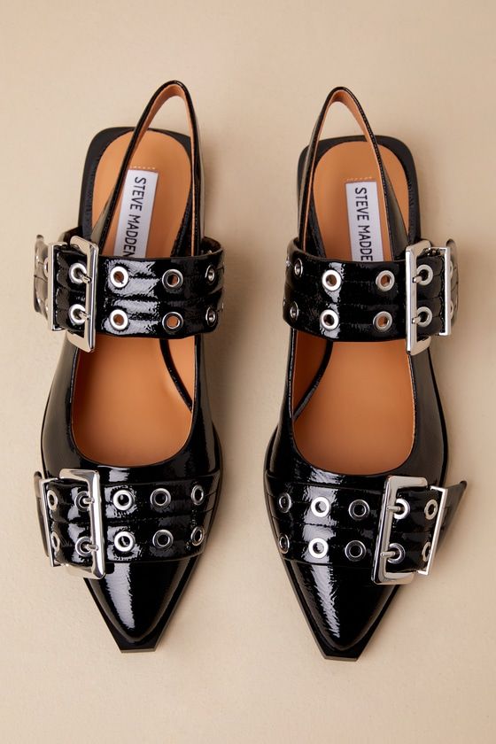 Graya Black Patent Studded Buckle Slingback Flats Black Buckle Heels, Stylish Work Attire With Sneakers, Steve Madden Flats Outfit, Styling Flats, Stud Shoes, Black Shoes Outfit, Street Fashion Women, Going Out Shoes, 2024 Shoes