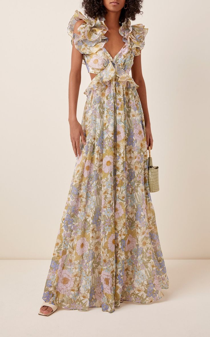 Cutout Floral-Print Ruffled Silk-Chiffon Maxi Dress by Zimmermann | Moda Operandi School Moodboard, Summer Dressing, Romantic Getaway, Metallic Sandals, Chiffon Gown, Chiffon Maxi, Pattern Dress, Chiffon Maxi Dress, Perfect Style