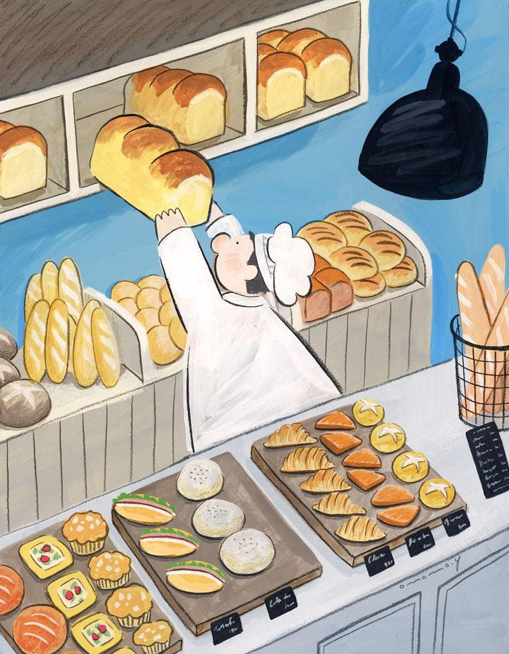 a painting of a baker in front of breads and pastries on the counter