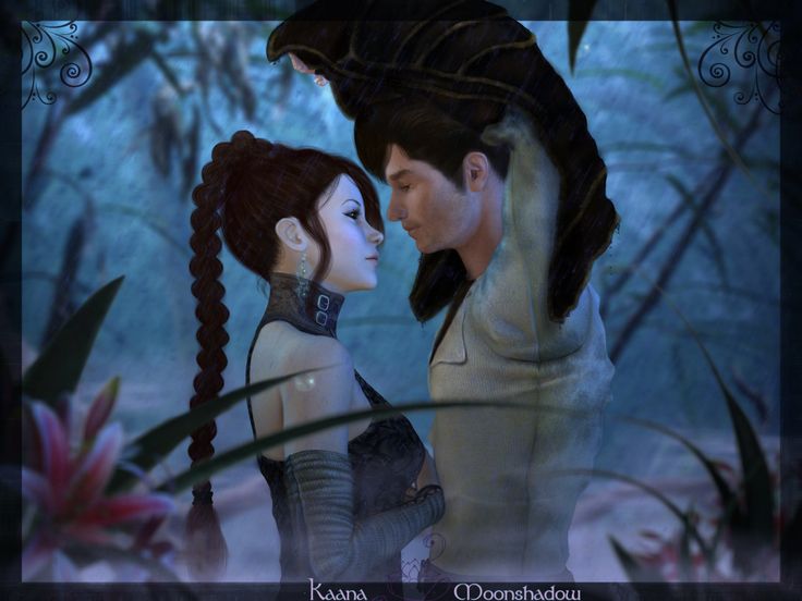 an animated image of two people standing in the woods, one is kissing the other