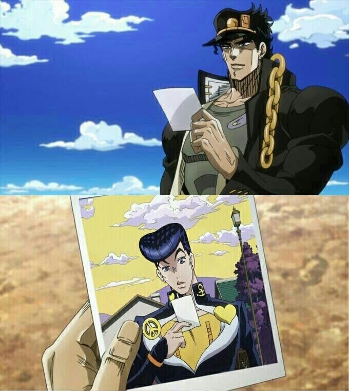 an anime character is holding up a photo