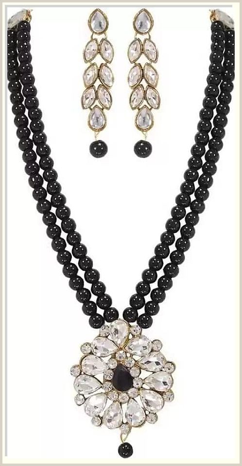 Traditional Indian Bollywood Black Pearls CZ Wedding Long Necklace Earrings Set, Medium Long Choker Necklace, Maang Tikka Set, Black Pearls, Indian Wedding Wear, Bollywood Wedding, Indian Jewelry Sets, Multi Layer Necklace, Choker Necklace Set, Women's Jewelry Sets