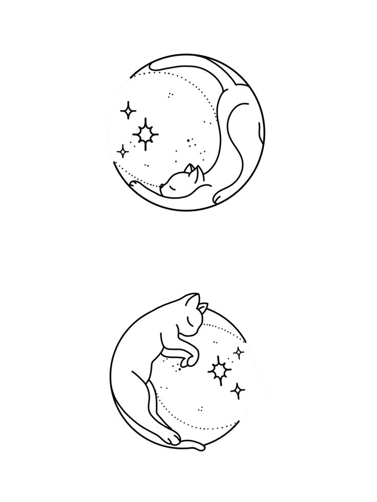 two black and white drawings of cats sleeping on the moon, with stars in the sky