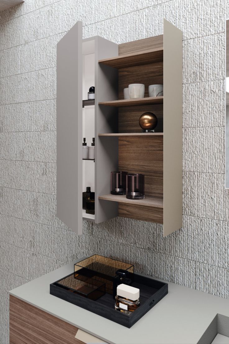 an open cabinet above a counter in a kitchen