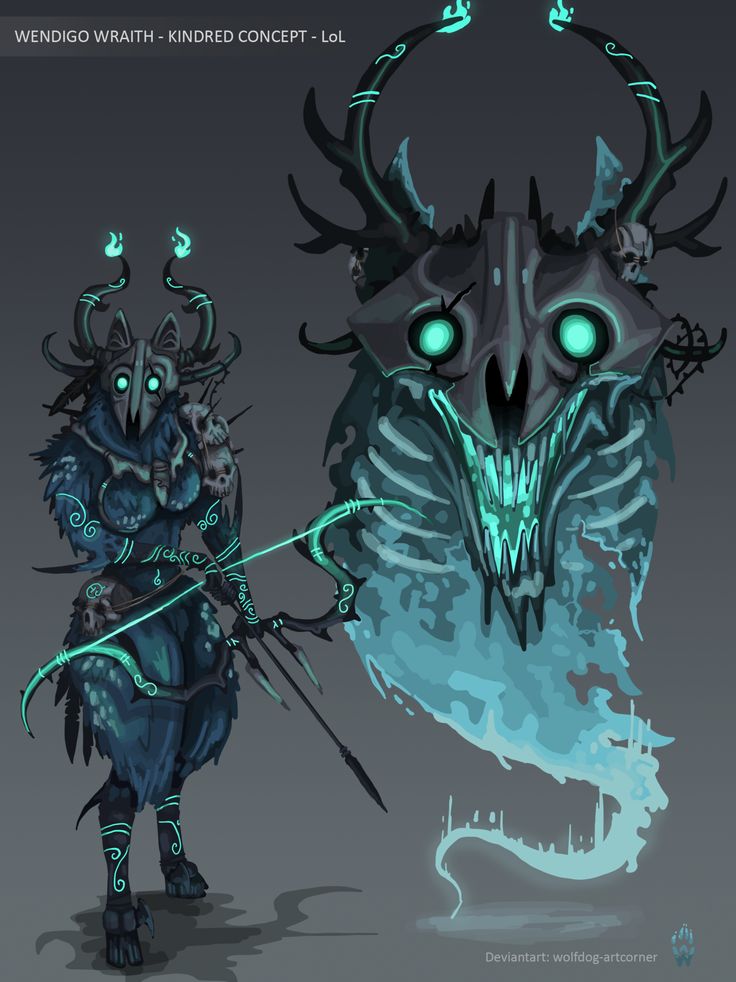 WENDIGO WRAITH KINDRED - Skin Concept - LoL by Wolfdog-ArtCorner Lol Skin Concepts, Wendigo Character Design, Cool Monsters, Monster Concept Art, Creature Drawings, Fantasy Monster, Fantasy Creatures Art, Mythical Creatures Art, Monster Design