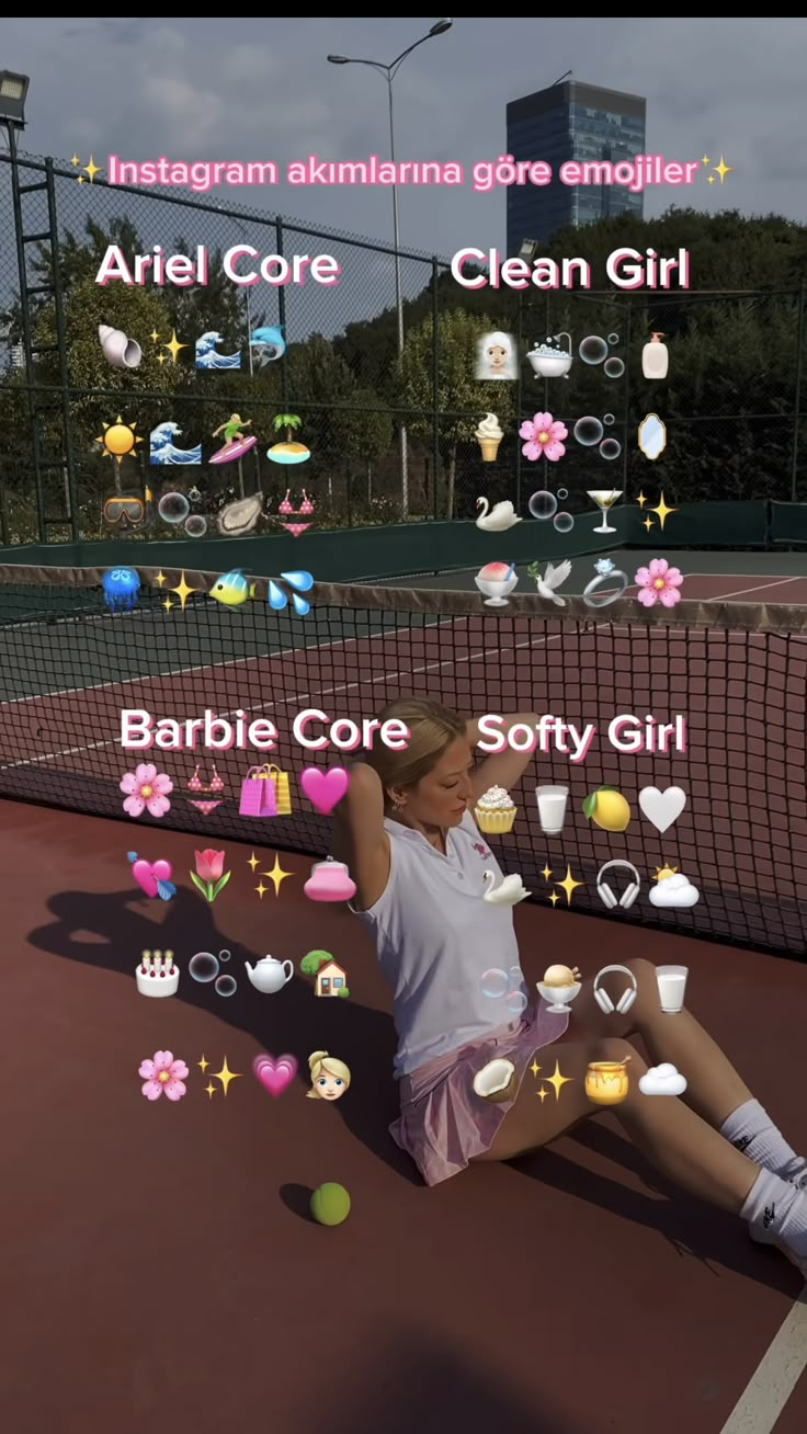 a woman sitting on top of a tennis court holding a racquet and ball