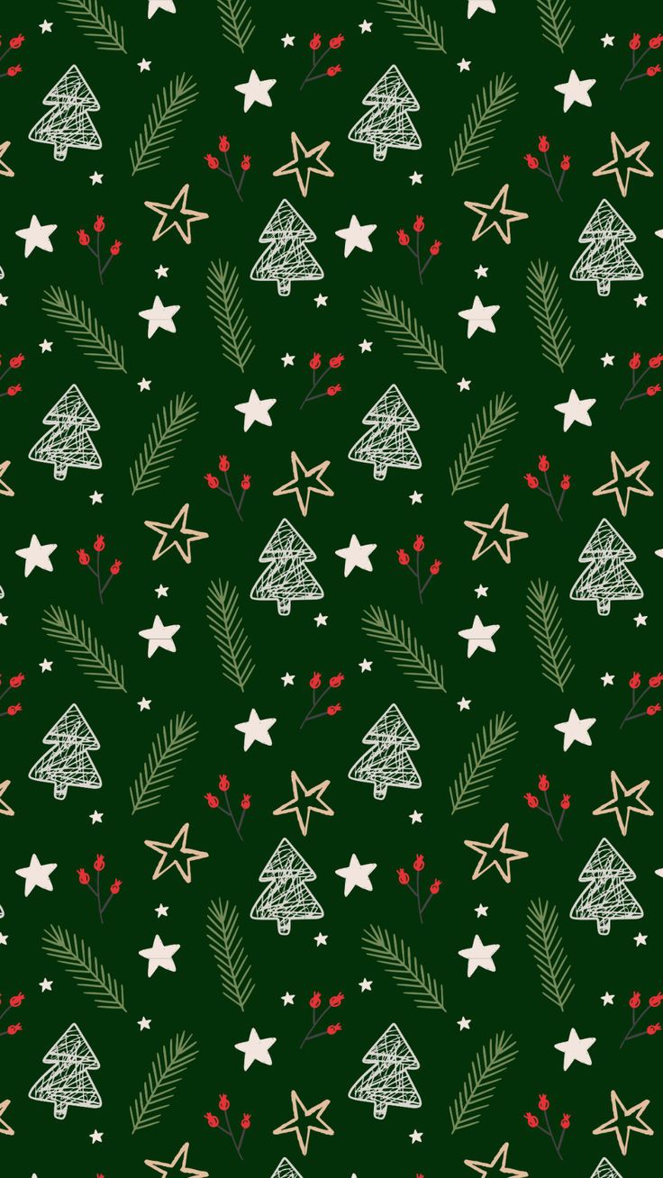 a green christmas pattern with white stars and firs on it's side,