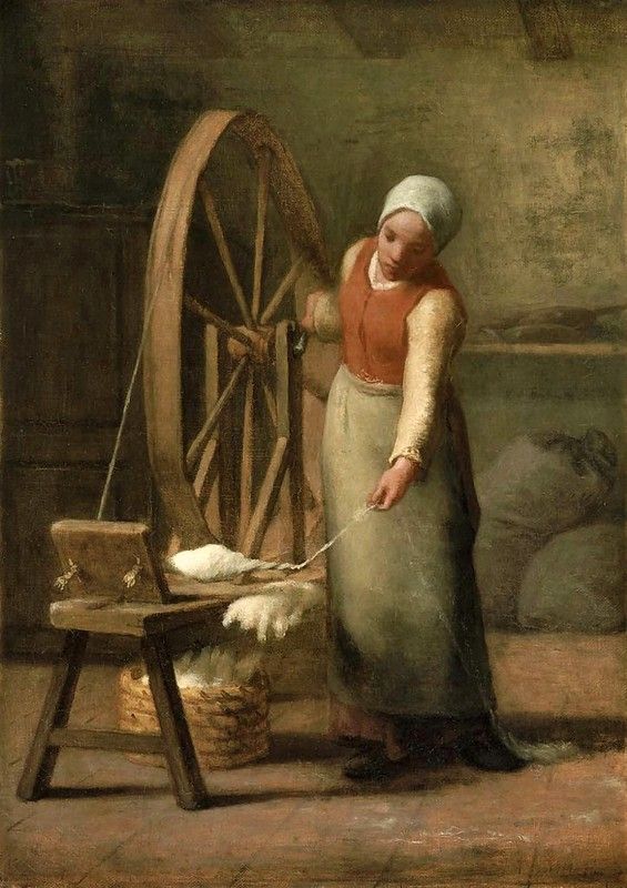 a painting of a woman spinning wool on a spinning wheel with an old fashioned wooden spool