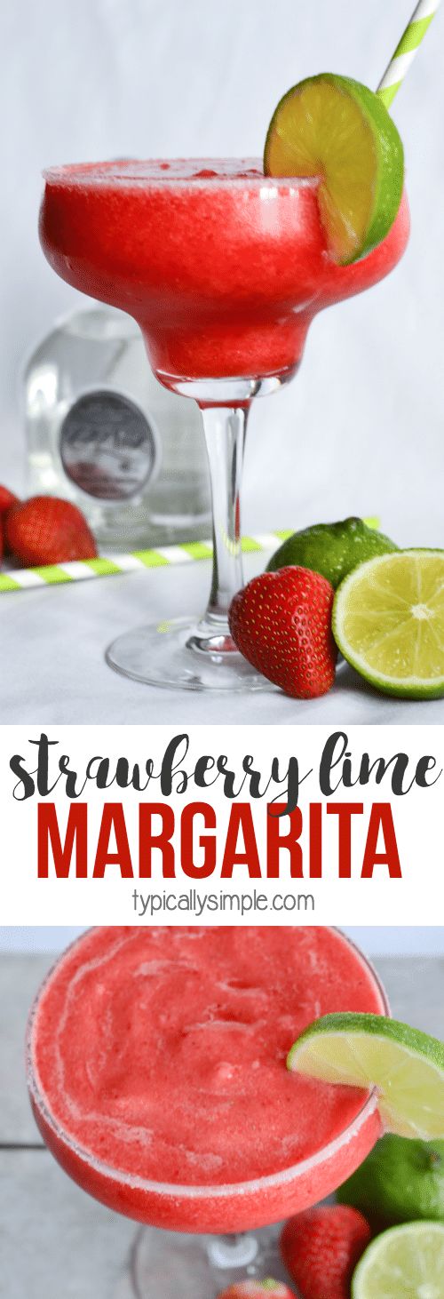 strawberry lime margarita with strawberries and limes on the rim