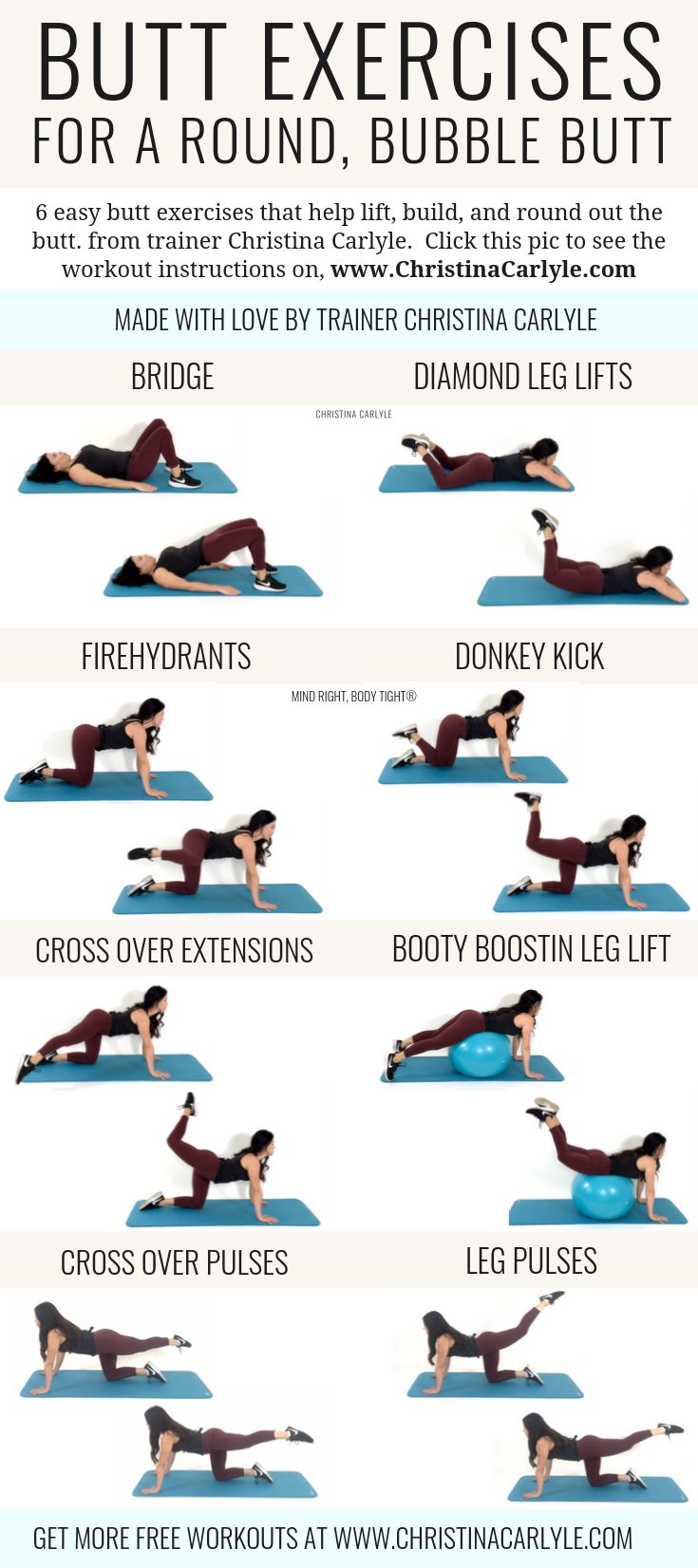 The best Butt Exercises for women to get a round, perky butt fast without bulking legs from trainer Christina Carlyle https://christinacarlyle.com/butt-exercises/ #fitness Workout Instructions, Trening Fitness, Simple Exercises, Body Workout Plan, At Home Workout Plan, Fitness Challenge, An Exercise, Body Fitness, Fitness Workout For Women