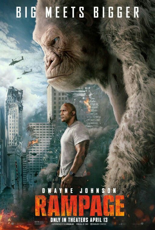 a movie poster for the film rampage big meets bigger with a man in white shirt and gorilla