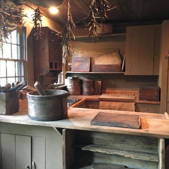 an old fashioned kitchen with pots and pans