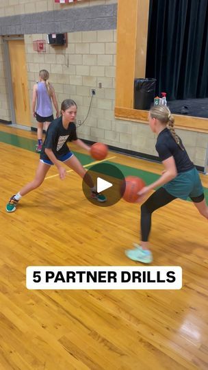 two girls are playing basketball in an indoor gym with the words partner drills on it