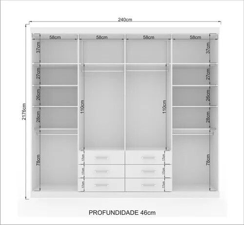 an image of a closet with drawers and shelves in the measurements for each section, including two