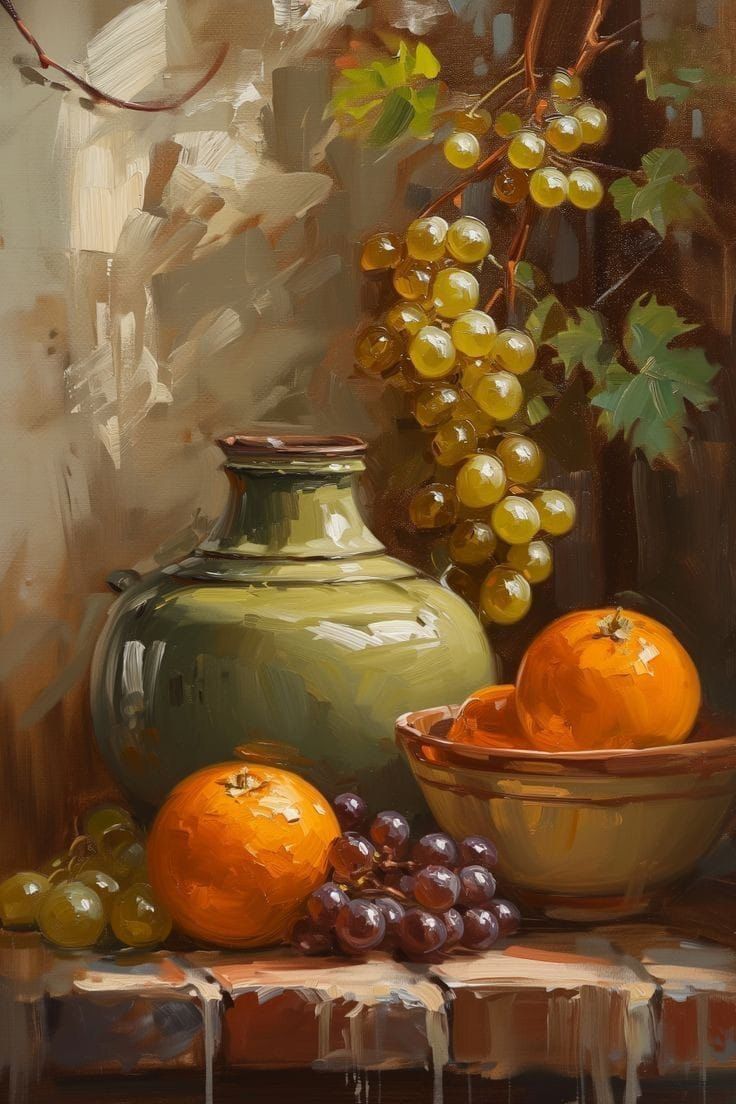 a painting of grapes, oranges and a green vase