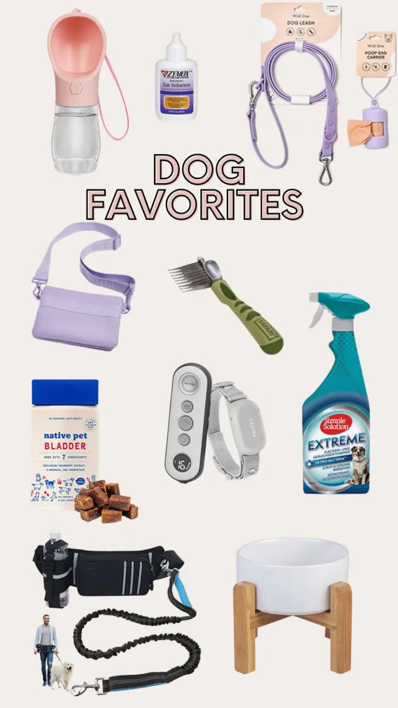 various dog products are shown with the words dog favorites above them and below it