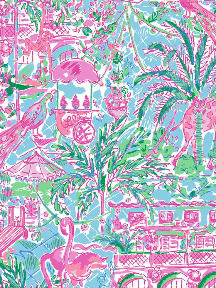 a pink and blue wallpaper with flamingos, palm trees, and other tropical plants