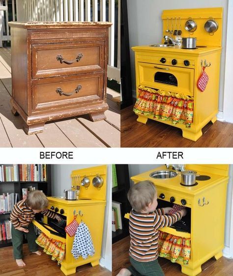 two pictures of a child playing with an old fashioned stove and oven in the same room